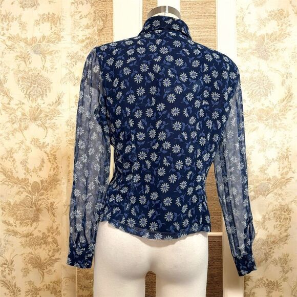 Vintage Y2K Blue Floral Top Small Button Sheer Mock Neck Fitted - Picture 3 of 5